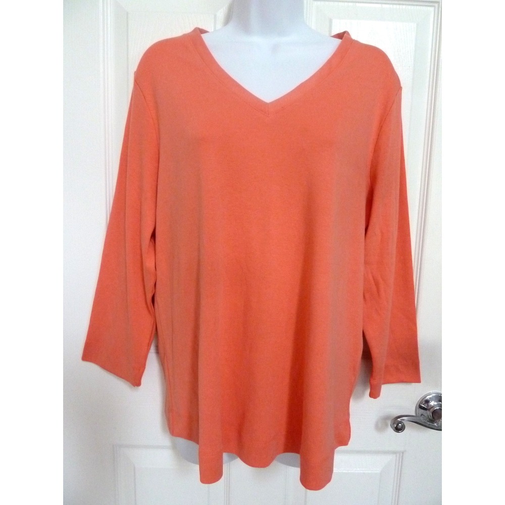 Chico's Size 3 XL Pima Cotton V-Neck Tee Top Coral 3/4 Sleeve Pullover